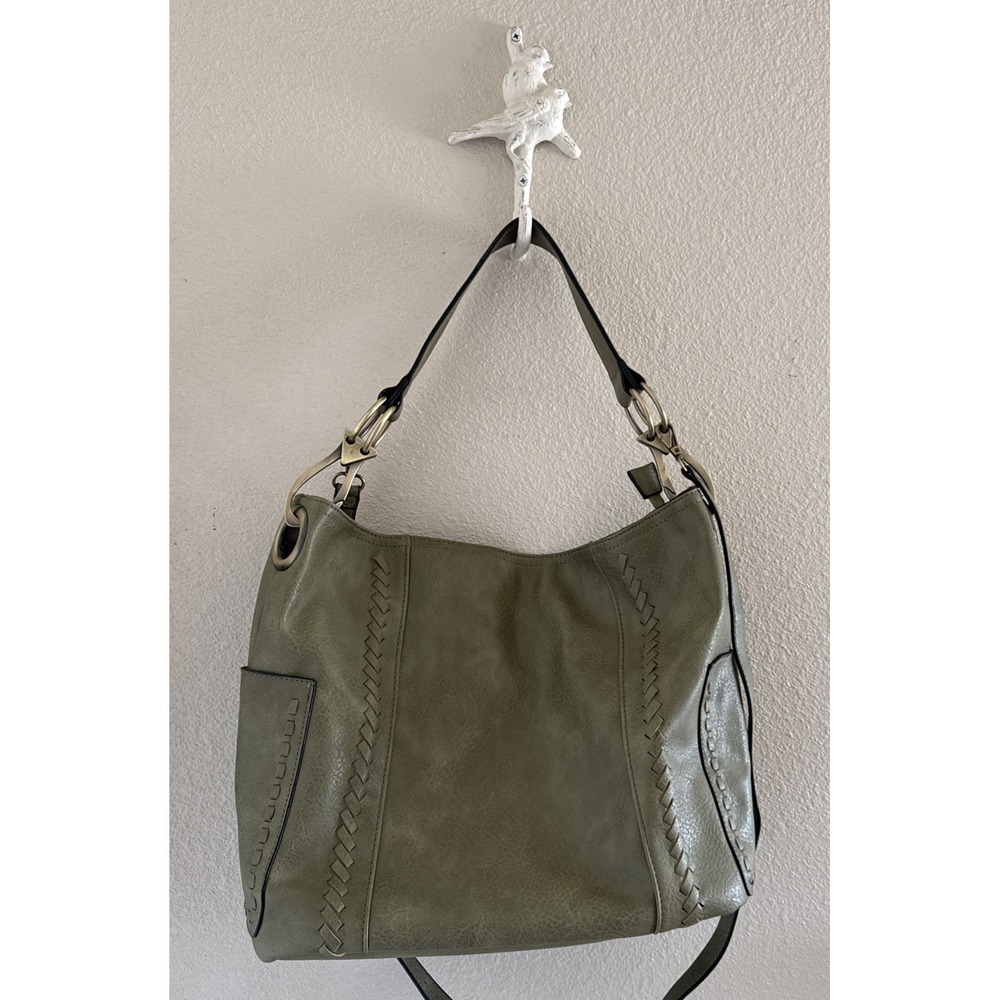 Le Miel Green Vegan Leather Handbag Bag Unique Handle Clips Satchel Purse 15x12"